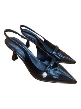 Ronilurn Slingback Black Women's Kitten Heels Pointed Toe Pearl Heels Sz 6.5